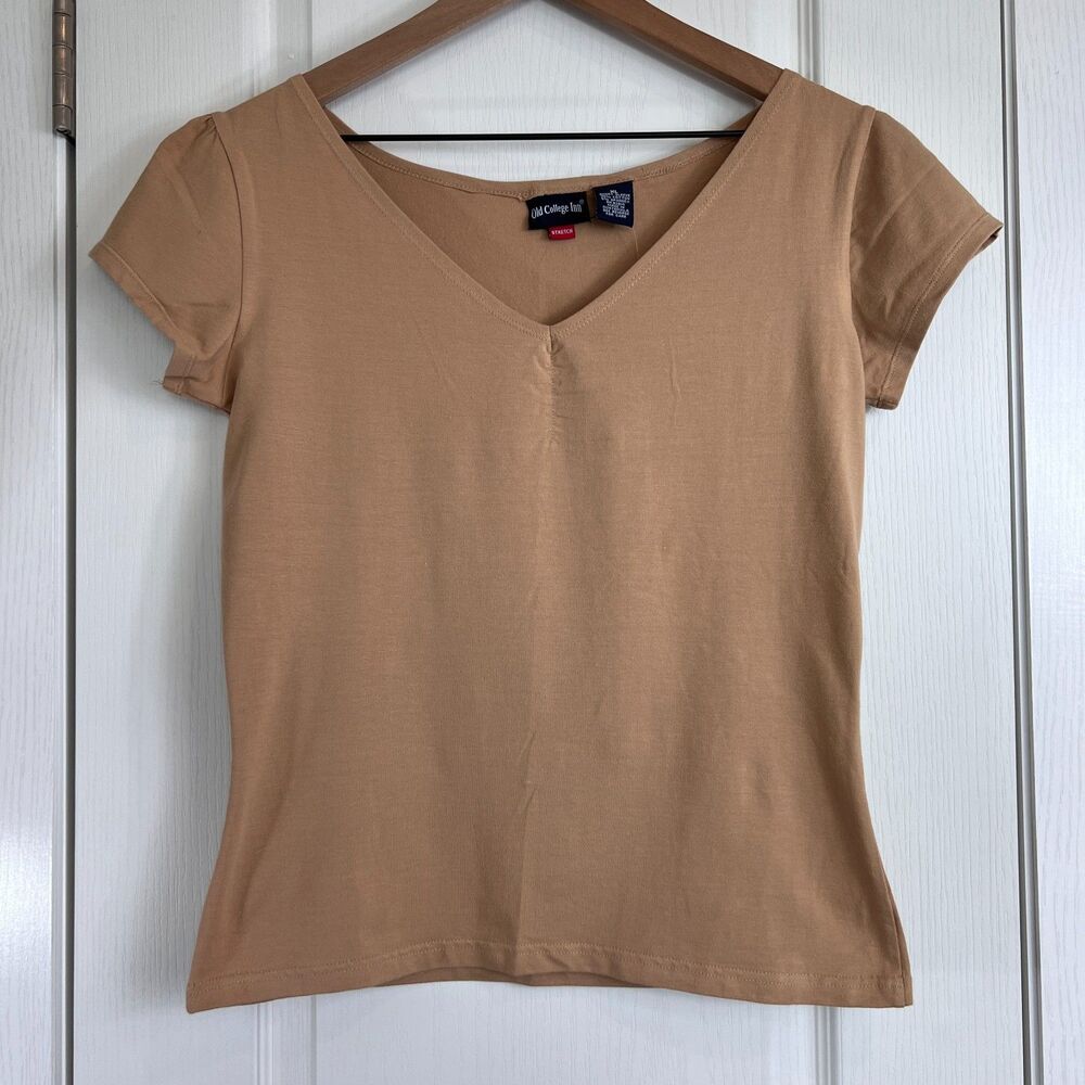 Vintage 90s Y2K Old College Inn Juniors Tan V Neck Short Sleeve Tee Top Size XL